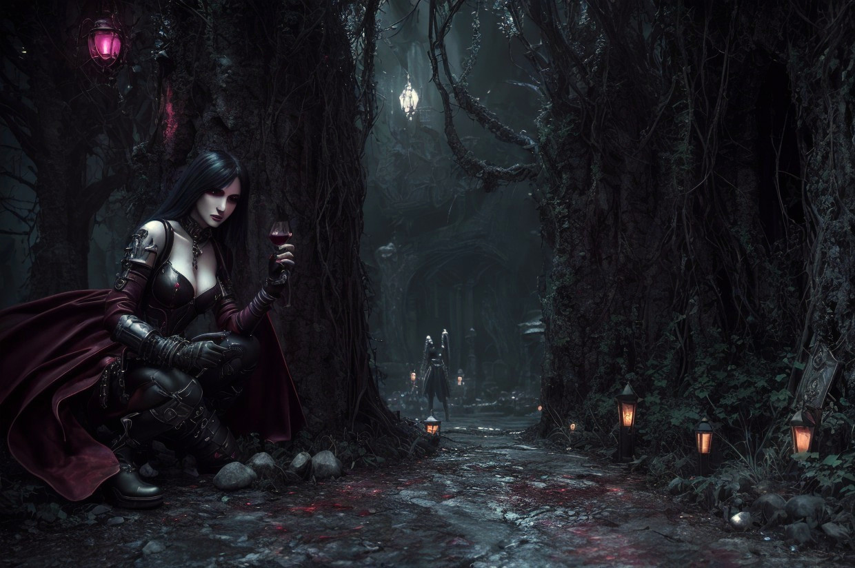Darkly Clad Woman in Enchanting Forest Setting