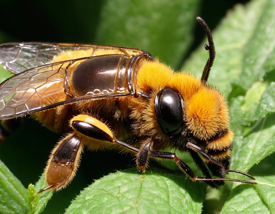 Close-up of a vibrant fuzzy bee on a green leaf