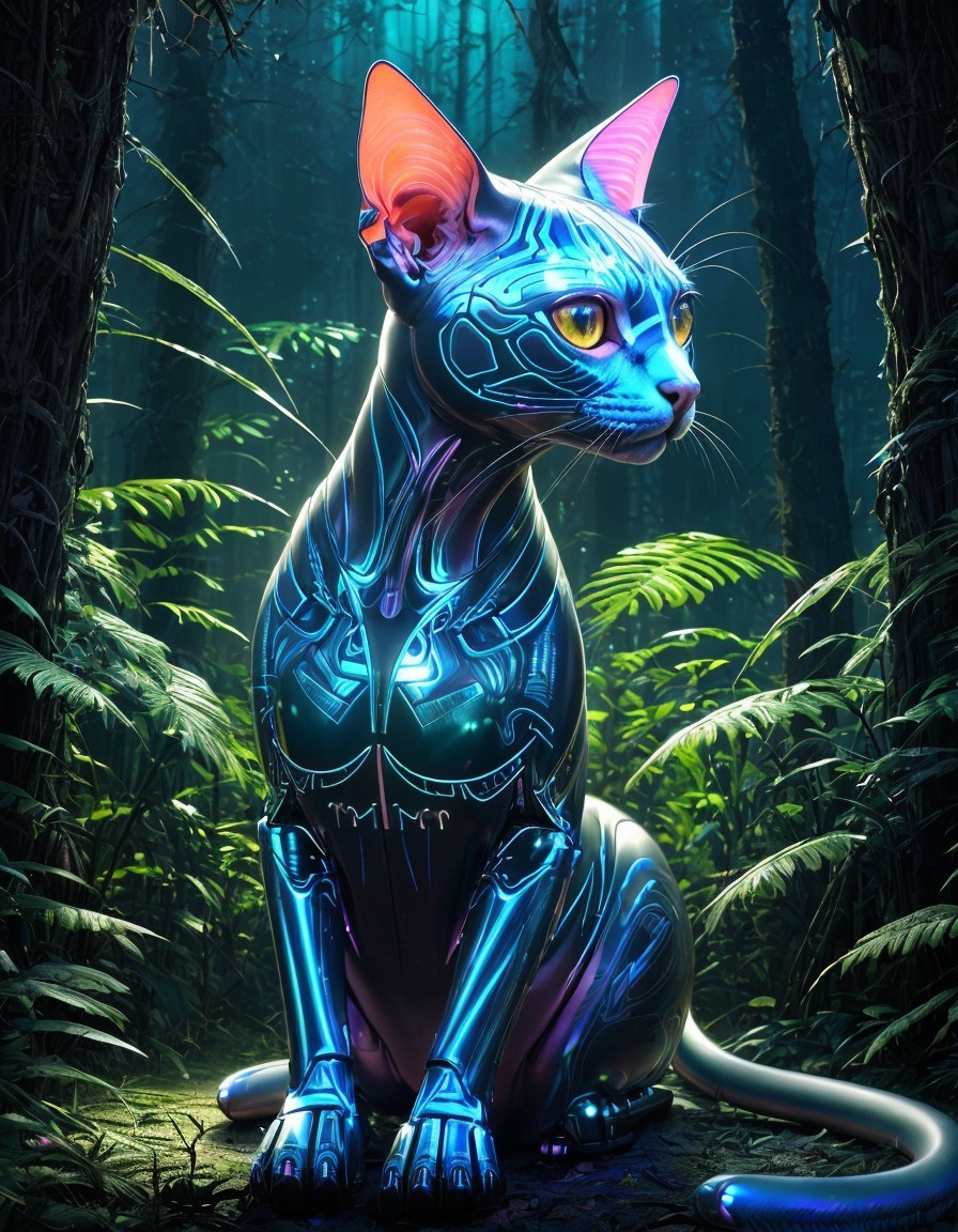 Futuristic Cat in Lush Forest with Holographic Fur