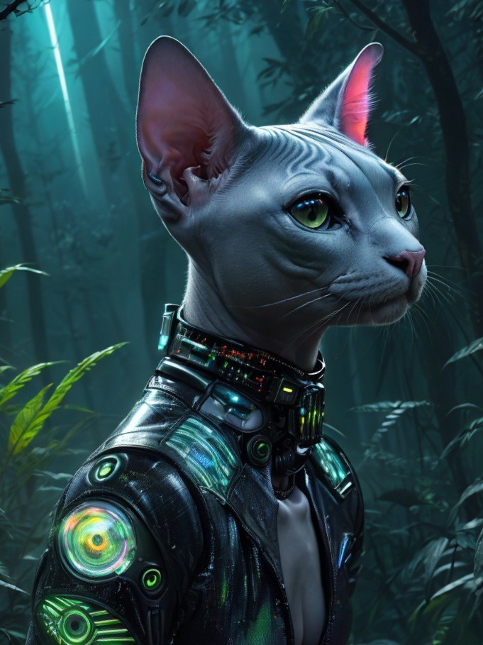 Sphynx Cat in Futuristic Jungle with High-Tech Suit
