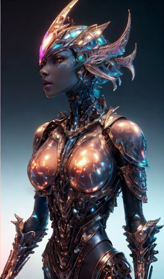 Futuristic Female Robot with Metallic Designs and Armor