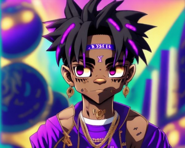 Stylized animated character with purple accents and tattoos