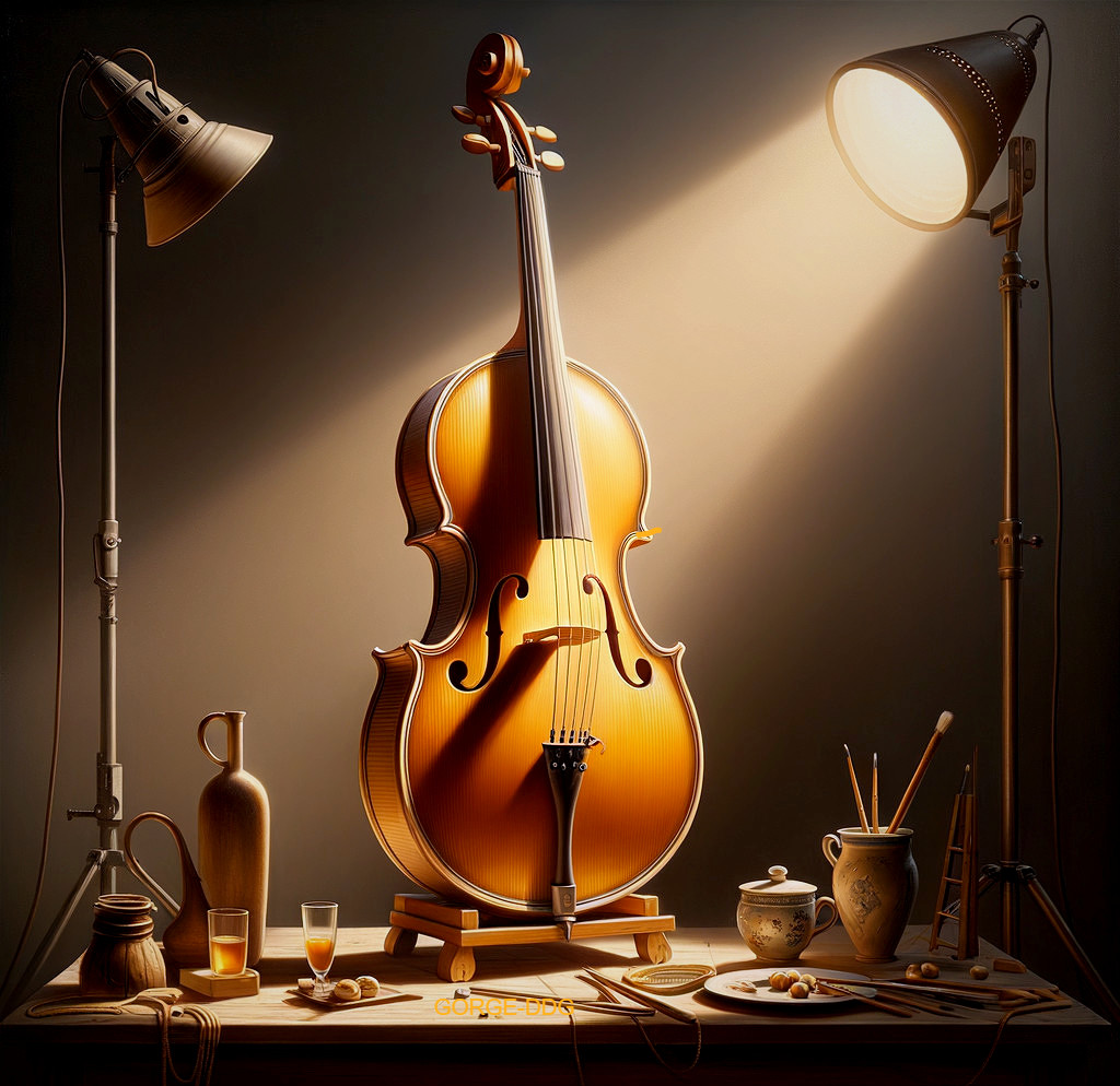 Crafted Violin Surrounded by Artistic Tools and Light