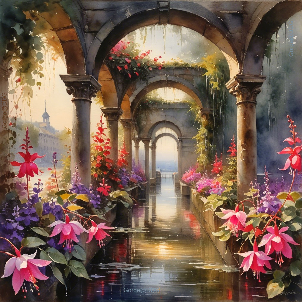 Stone Archway Surrounded by Vibrant Flowers and Water