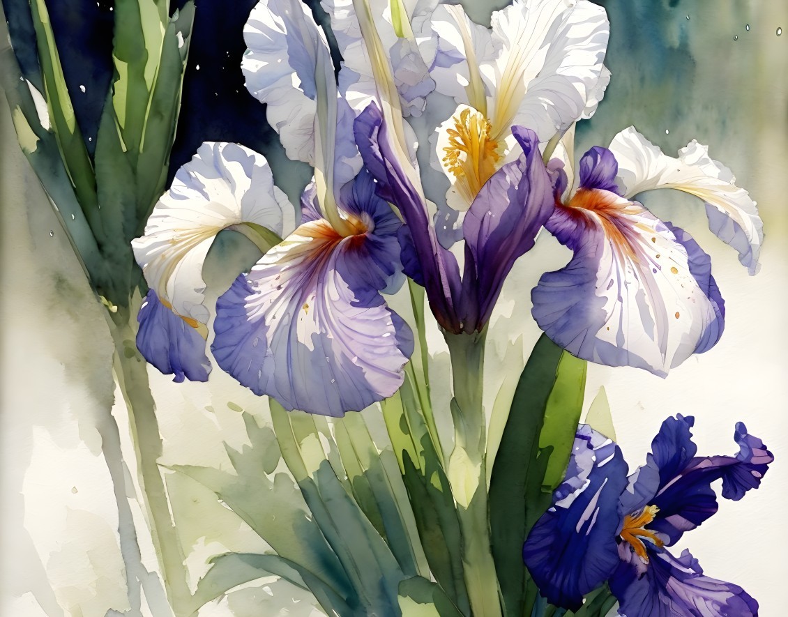 Vibrant Watercolor Painting of Iris Flowers