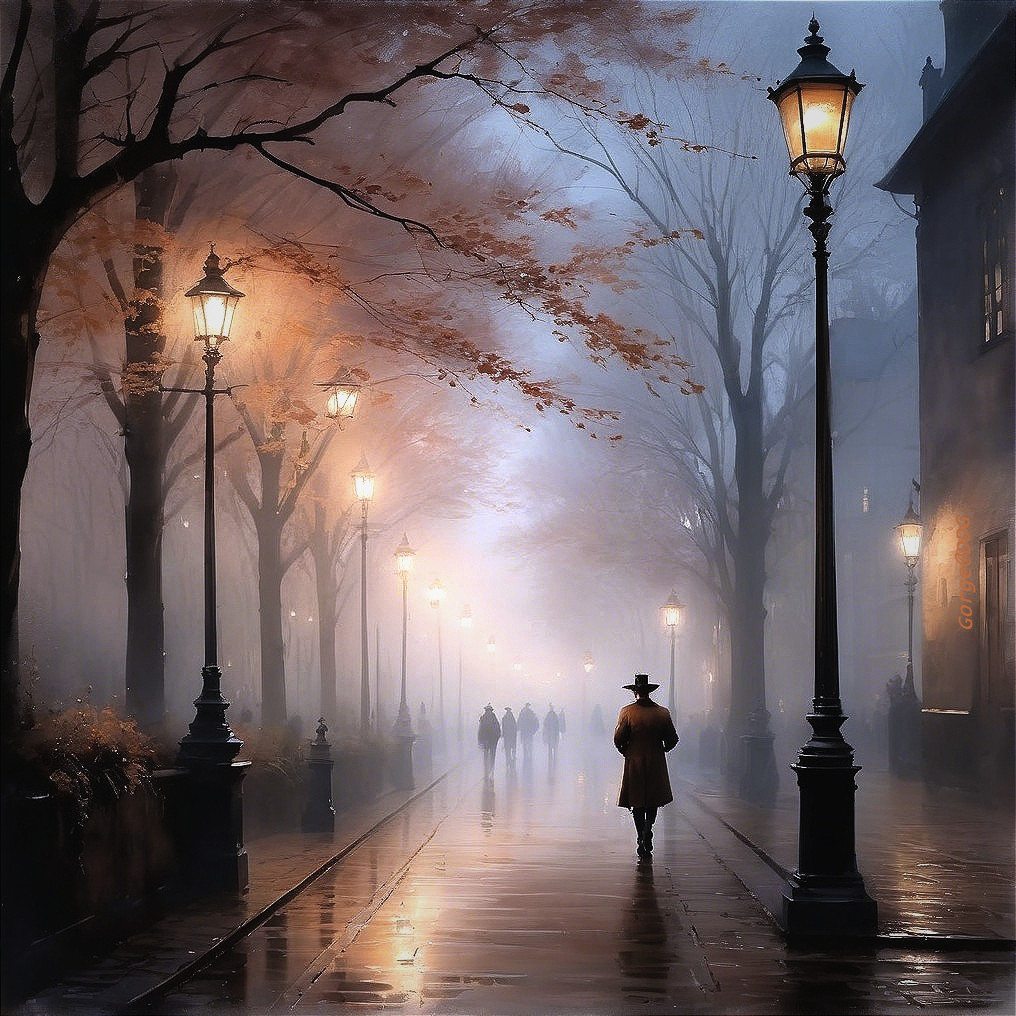 Foggy Street with Warm Lamplight and Autumn Trees