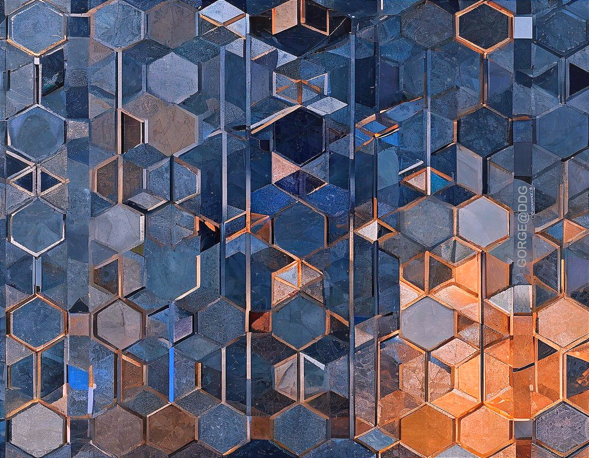 Abstract Hexagonal Pattern in Deep Blues and Copper