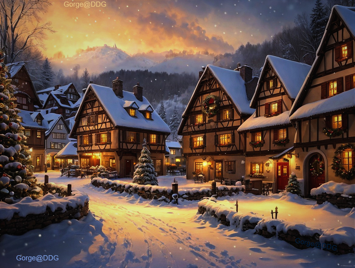 Winter Village with Snow-Covered Cottages and Trees