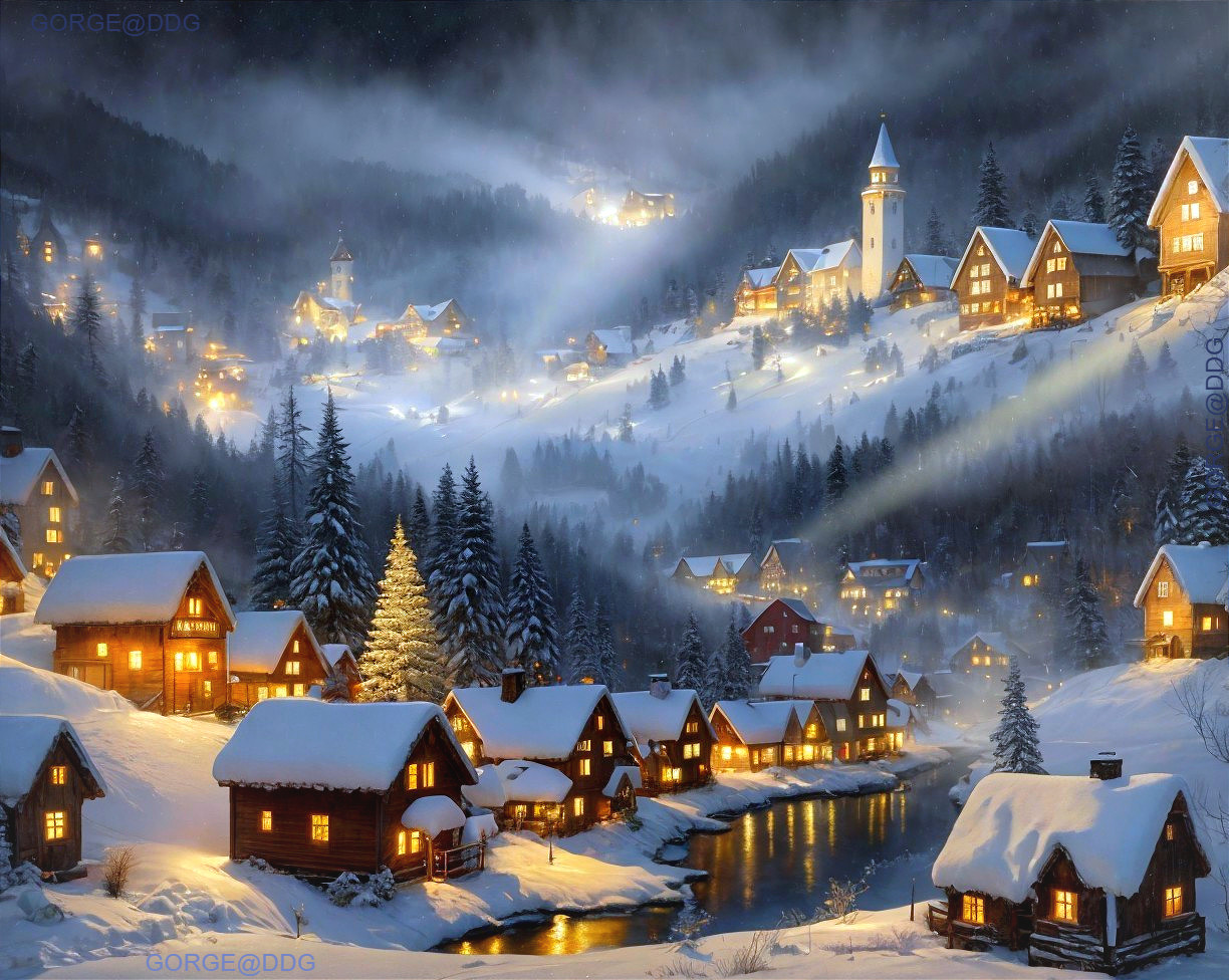 Winter Village Scene with Snow and Warm Lights