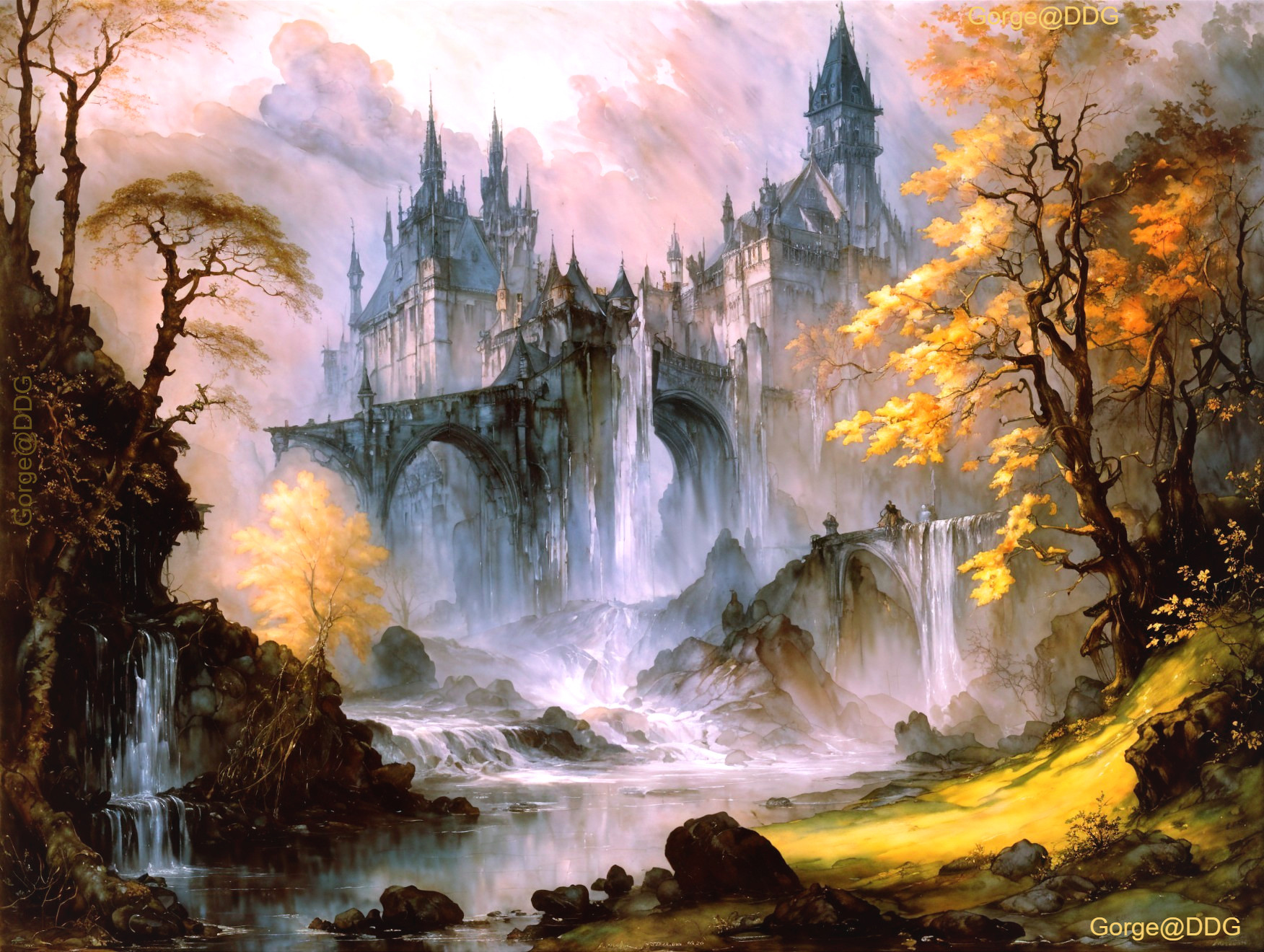 Majestic Castle Surrounded by Waterfalls and Autumn Trees