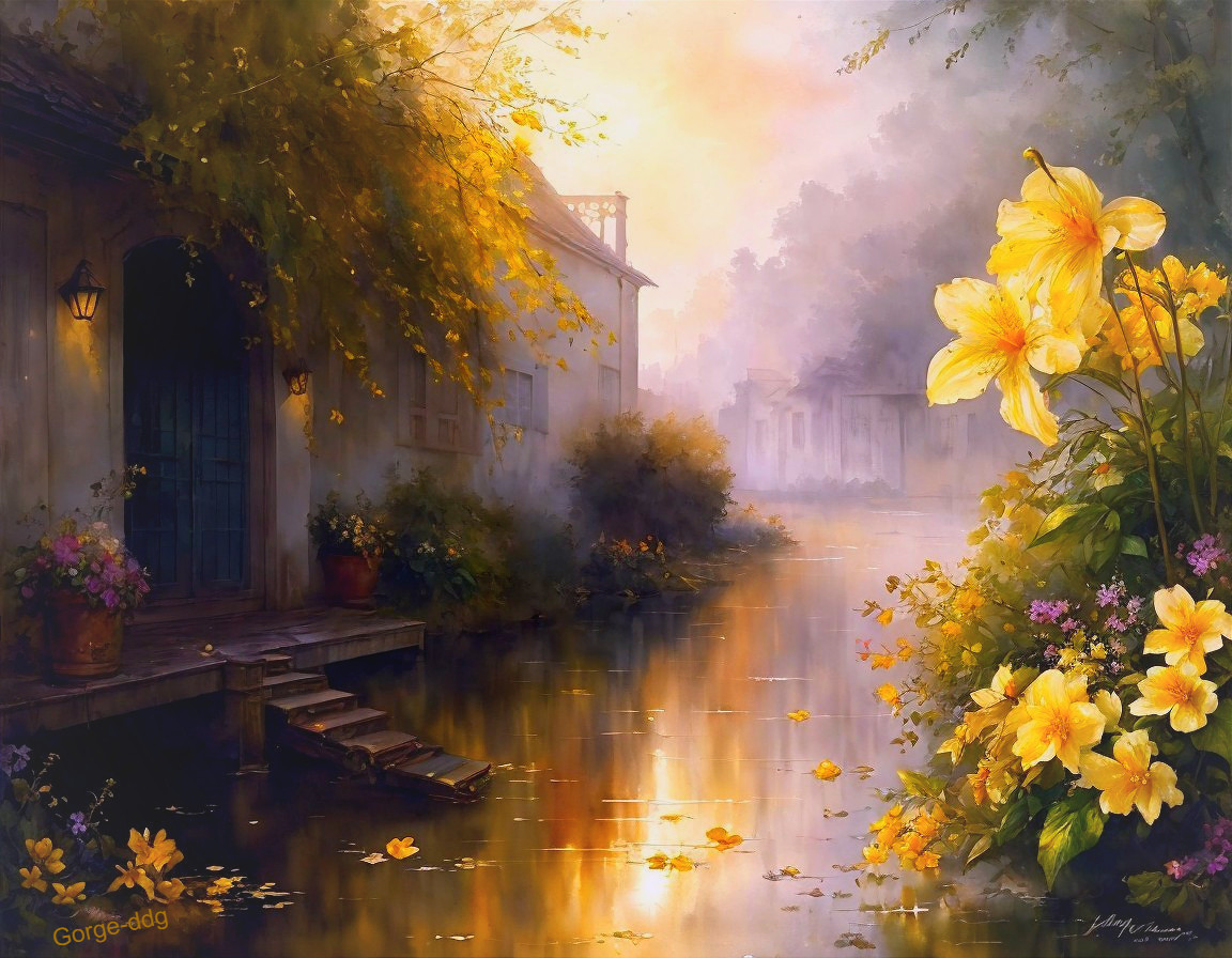 Serene Riverside Scene at Dawn with Lush Flowers