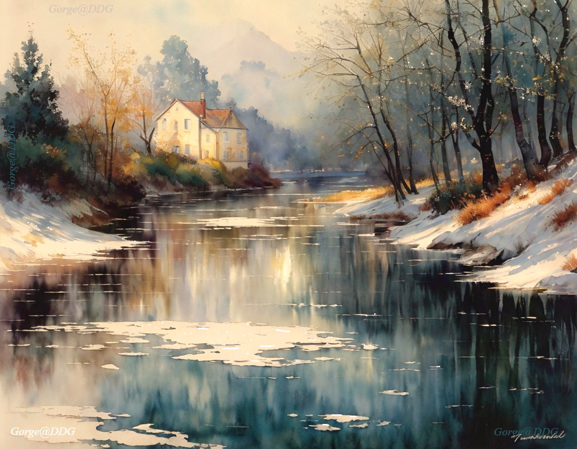 Tranquil River Scene with Winter Landscape Elements