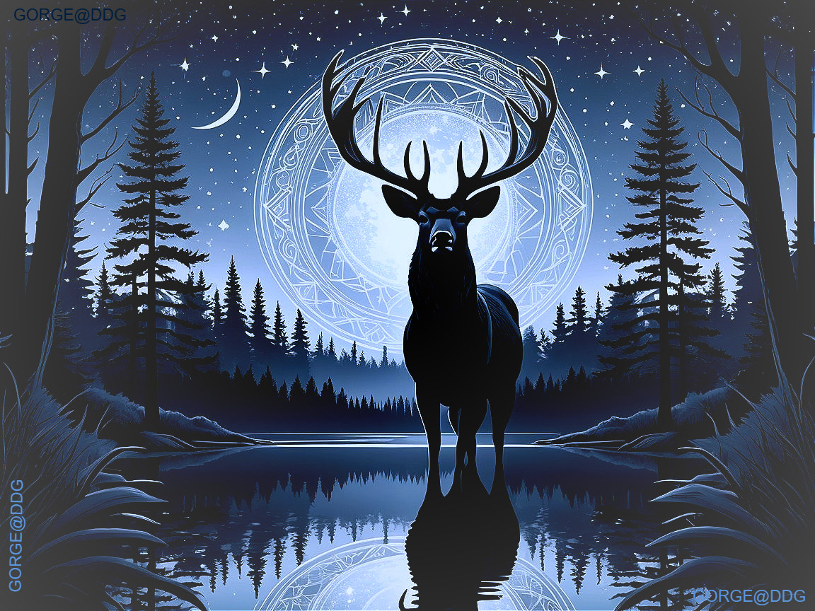 Stag by Moonlit Lake Under Starry Night Sky