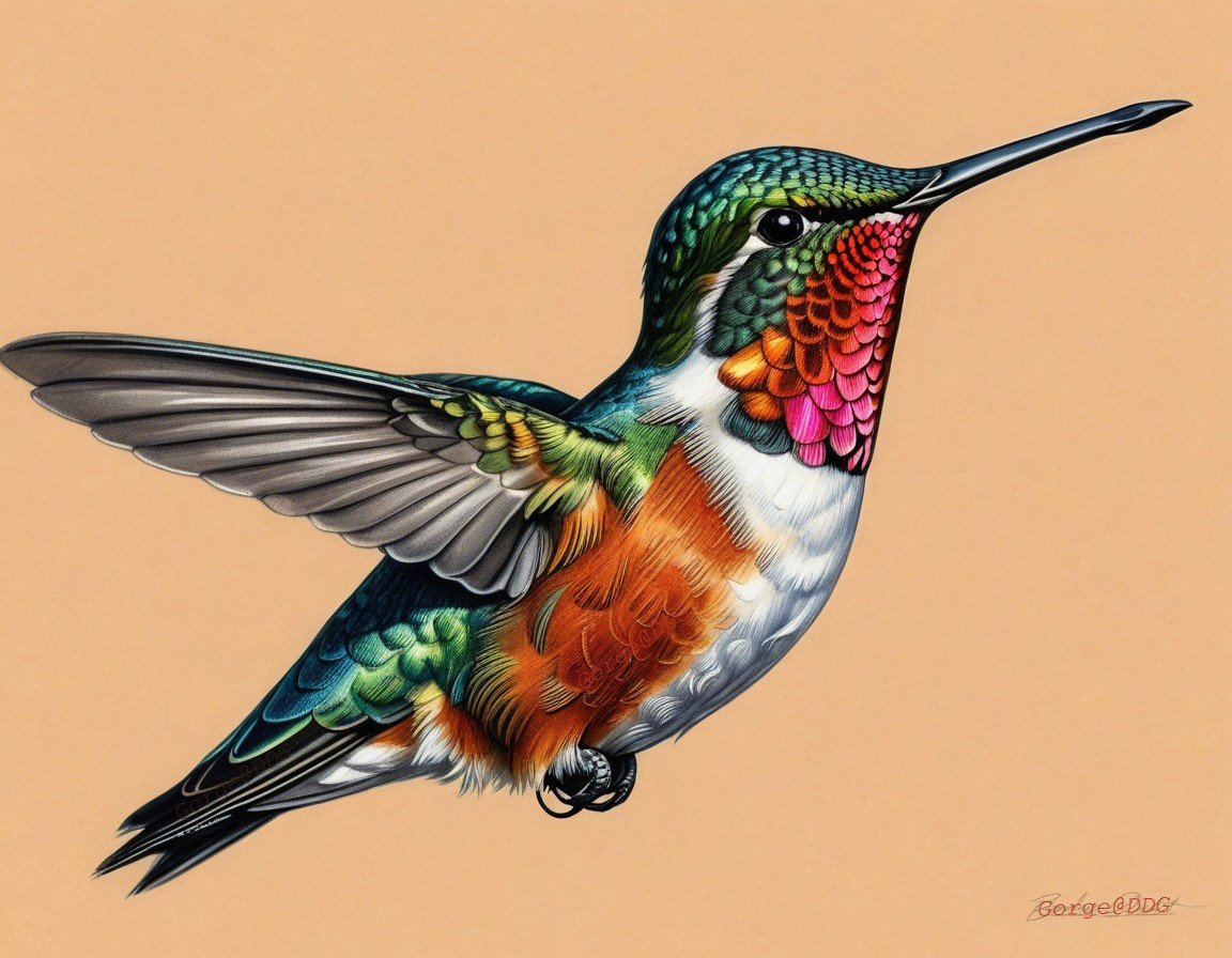 Detailed depiction of a vibrant hummingbird in flight