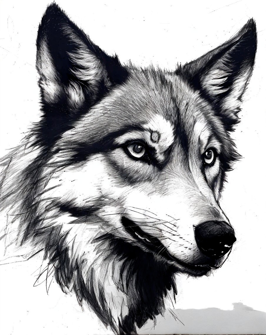 Detailed Black and White Sketch of a Wolf's Head