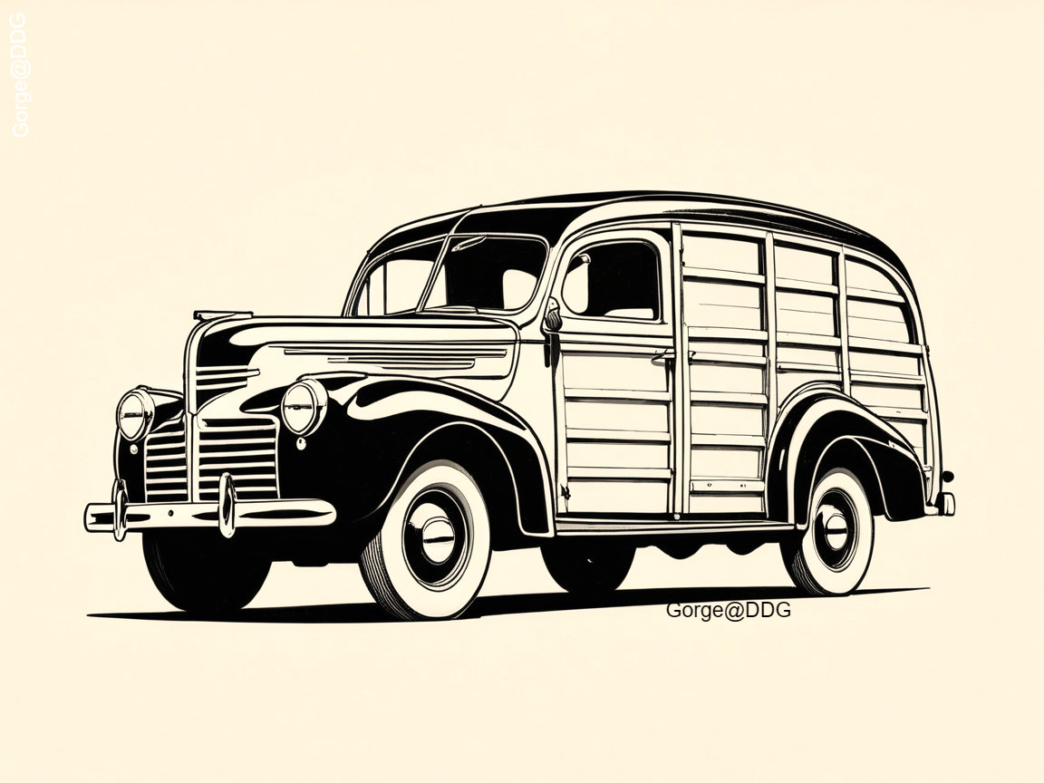 Vintage Illustration of Classic Wood-Panel Station Wagon