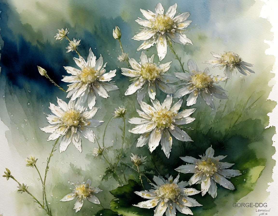 Watercolor Painting of White Flowers and Green Foliage