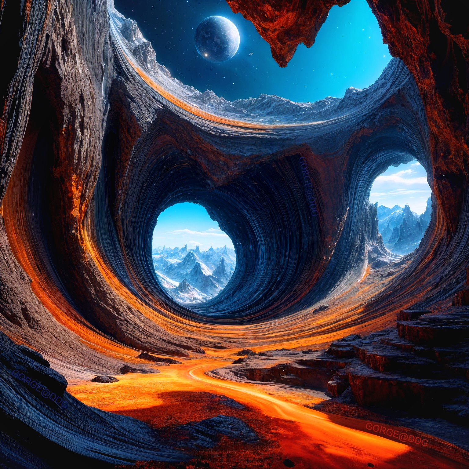 Surreal Cave Landscape with Starry Sky and Mountains