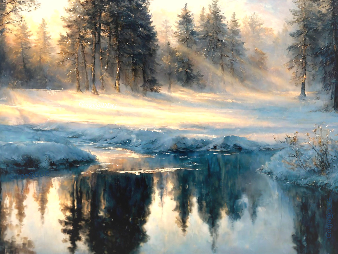 Serene Winter Landscape with Tranquil River and Snow
