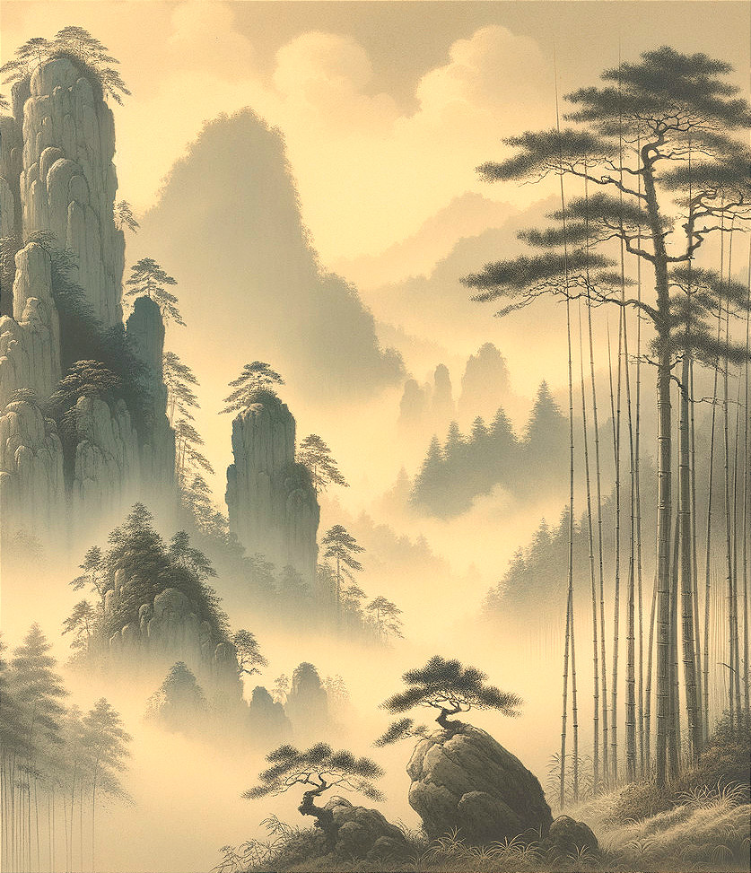 Serene Landscape with Misty Mountains and Pine Trees