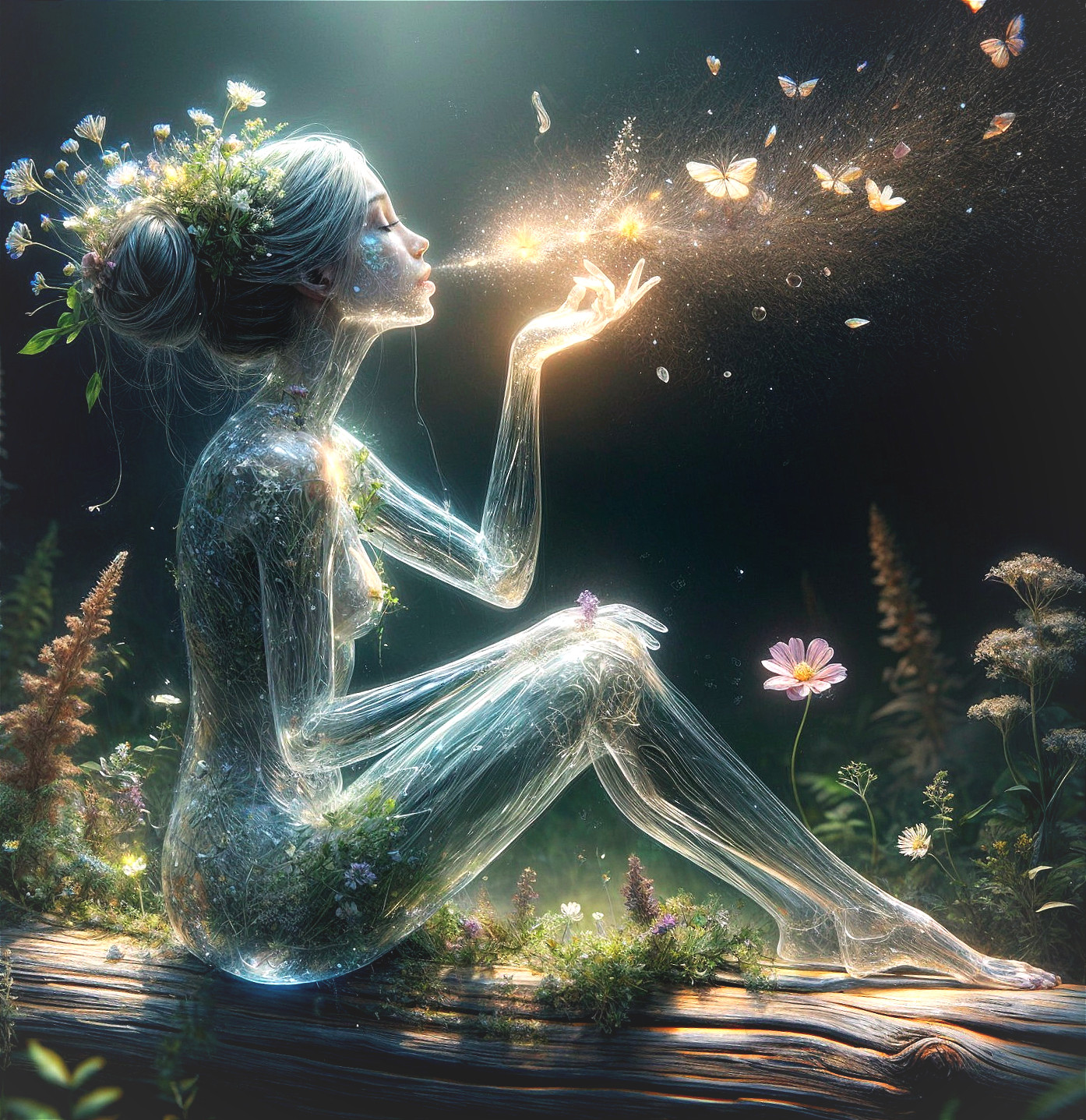 Translucent Woman Surrounded by Butterflies in Forest