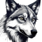 Detailed Black and White Sketch of a Wolf's Head
