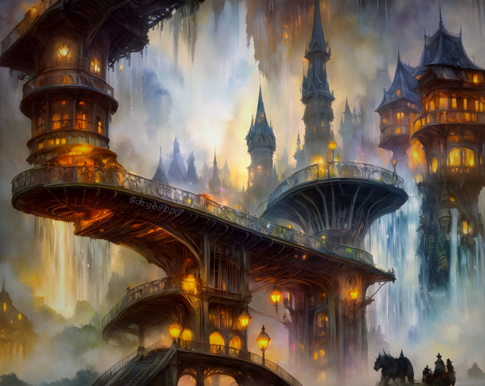Fantastical Cityscape with Gothic and Steampunk Elements