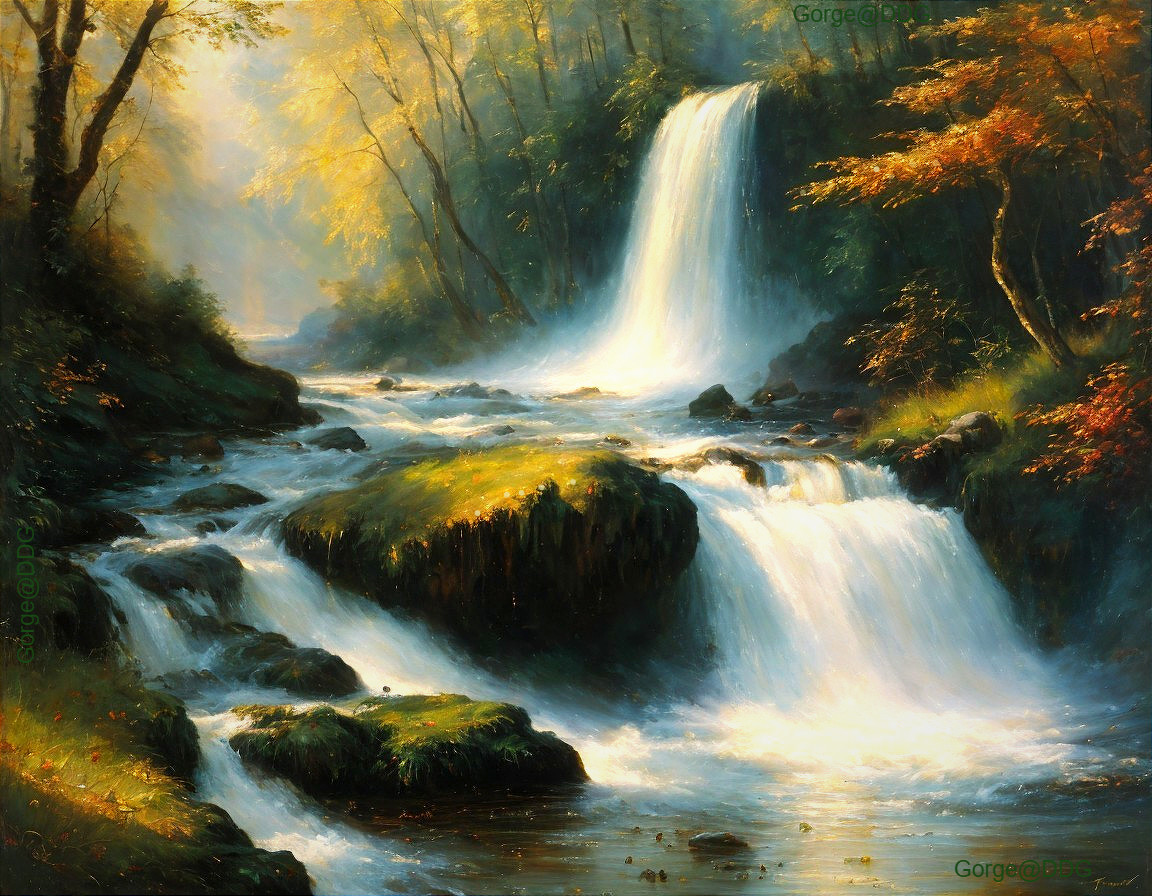 Cascading Waterfall in Autumn Landscape with Greenery