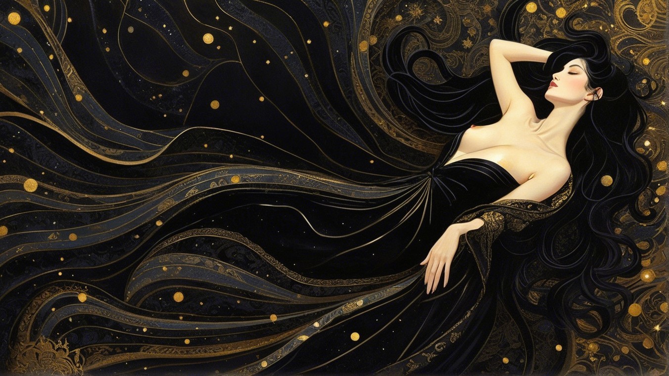 Serene figure in black gown with celestial patterns
