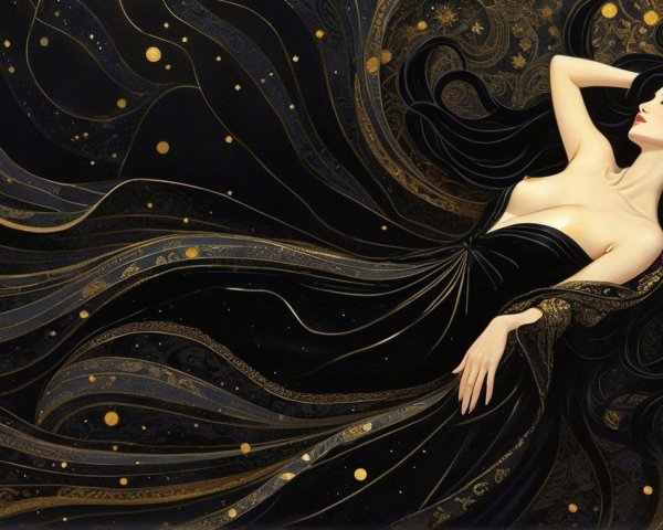 Serene figure in black gown with celestial patterns