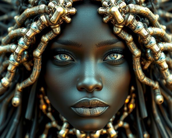Close-up of a futuristic robotic woman with golden braids