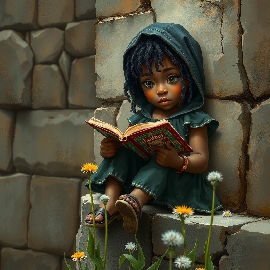 Child Reading on Stone Wall Surrounded by Wildflowers