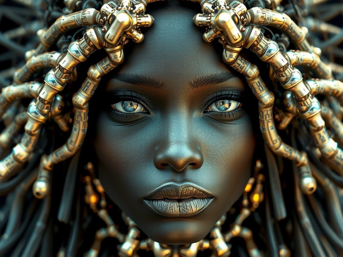 Close-up of a futuristic robotic woman with golden braids