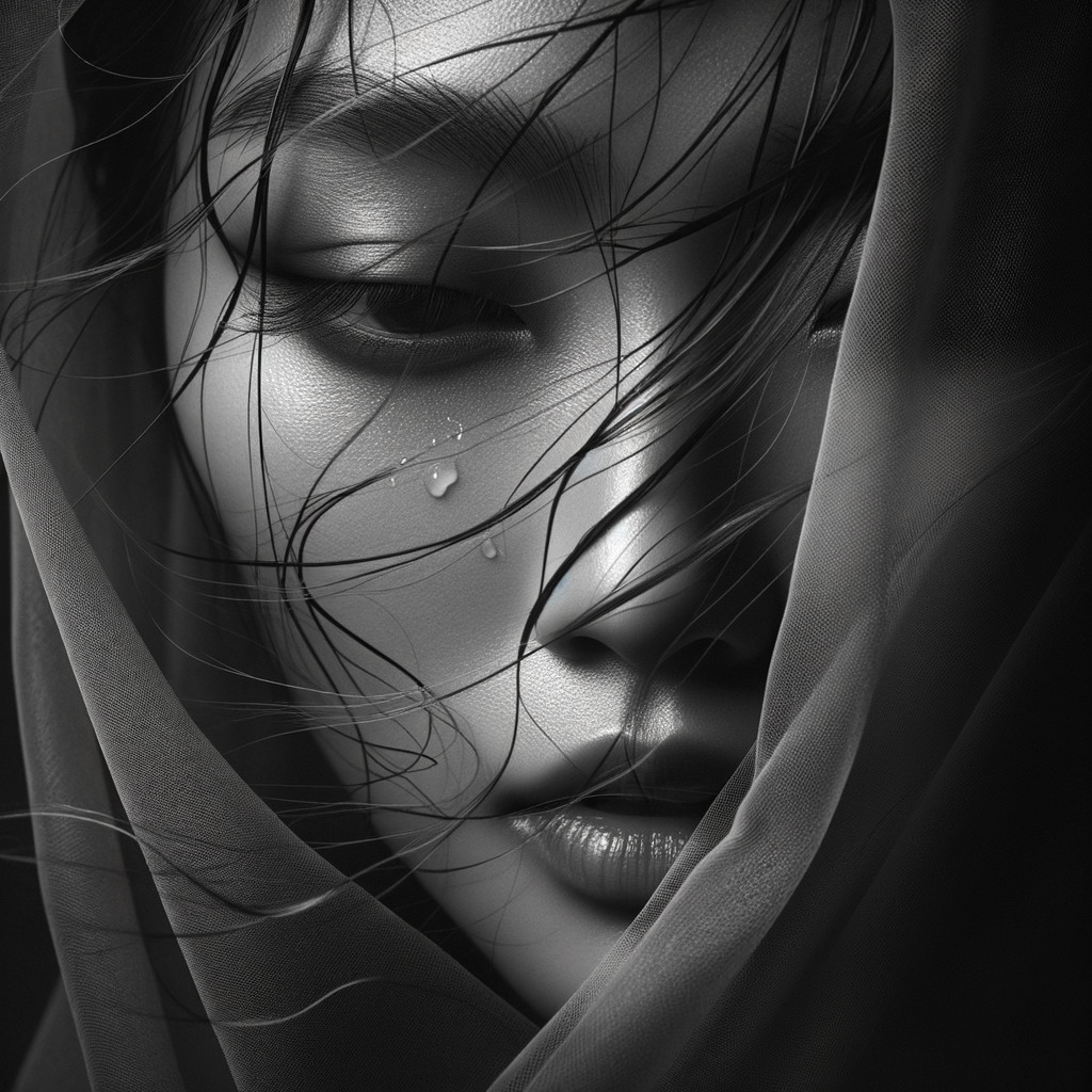 Close-up of a woman's face with sheer fabric and tears