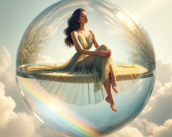 Woman in Pastel Dress Inside Floating Bubble with Clouds