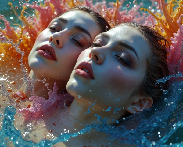 Ethereal Figures in Vibrant, Dreamlike Waters