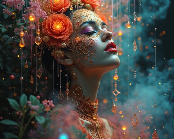 Woman in Golden Accessories with Colorful Background