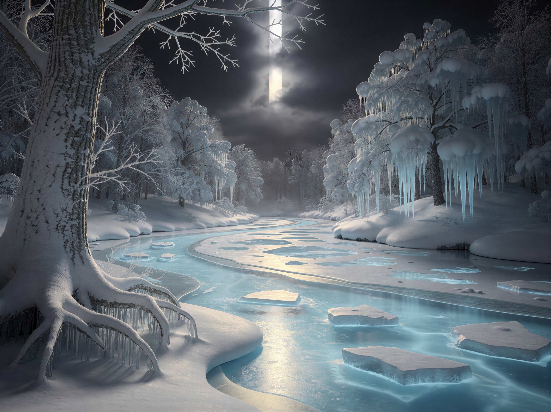 Frozen Winter Landscape with Ethereal Blue Light