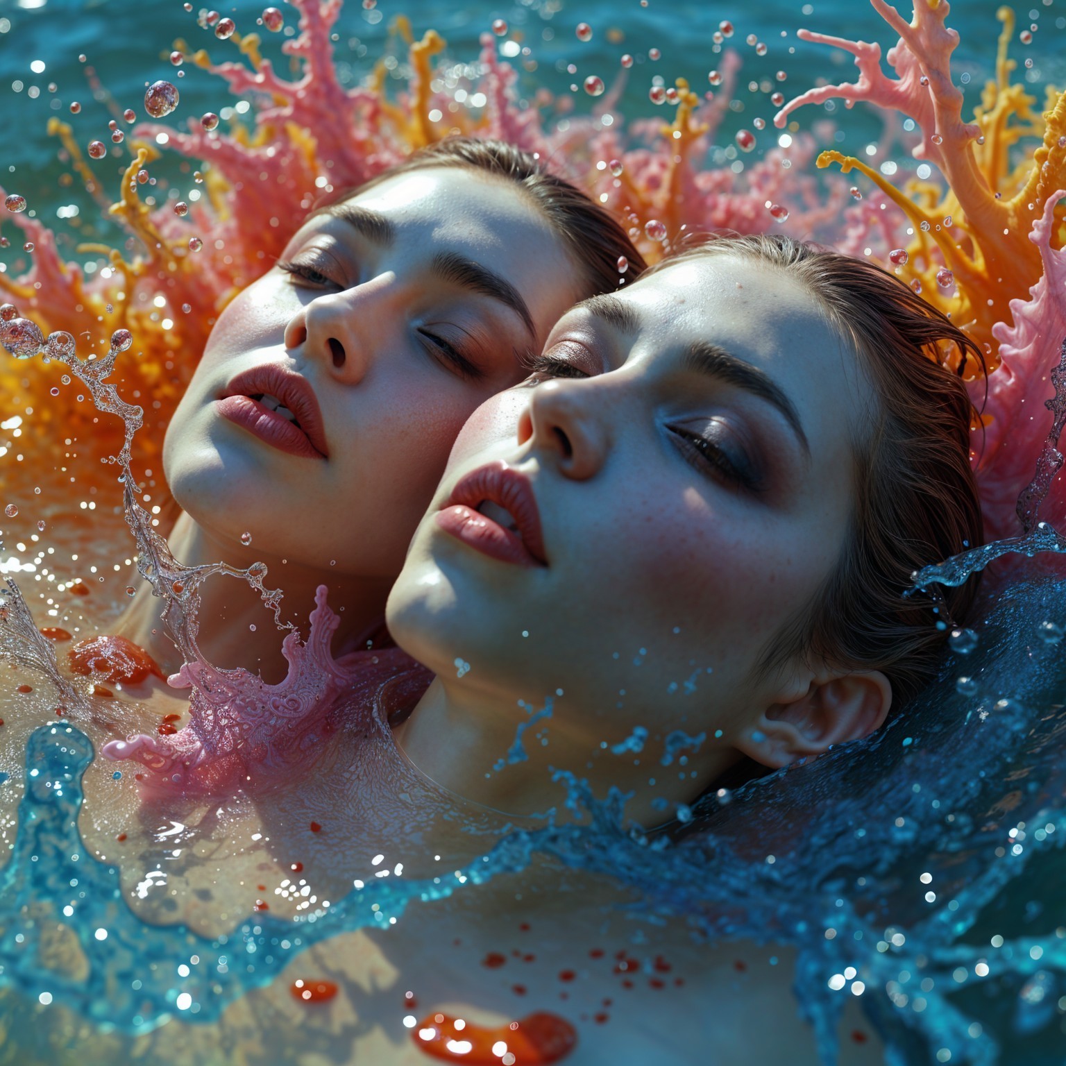 Ethereal Figures in Vibrant, Dreamlike Waters