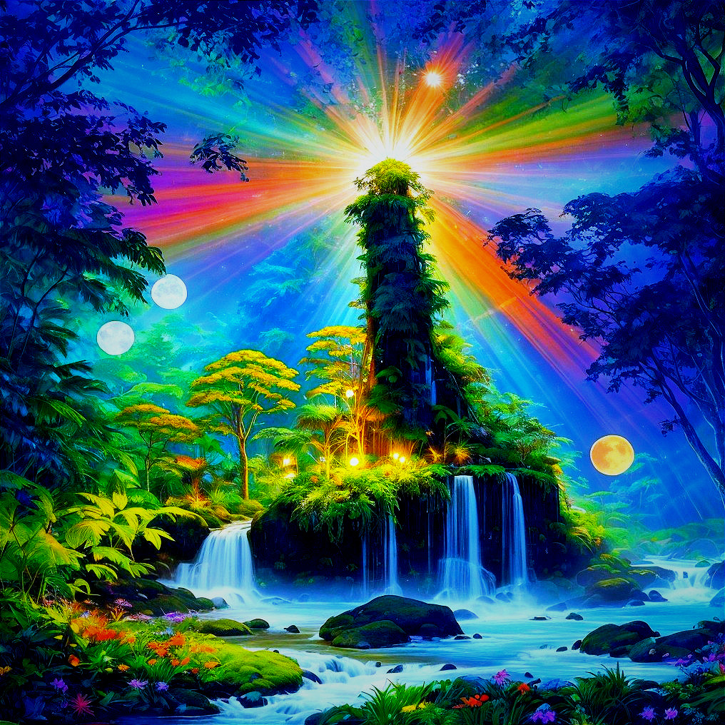 Mystical Landscape with Lush Island and Waterfalls