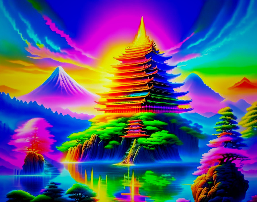 Surreal Landscape with Pagoda and Colorful Mountains