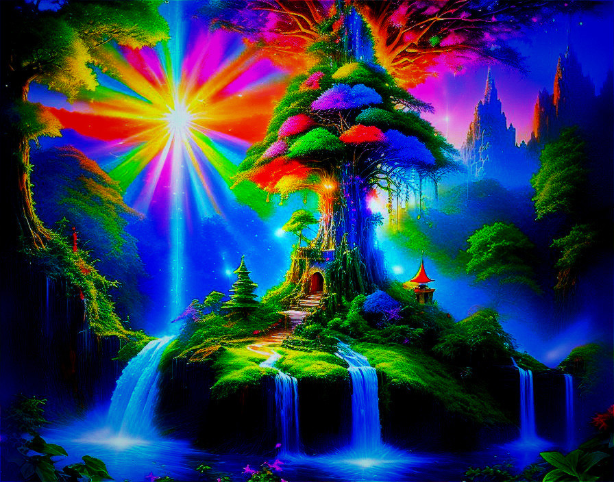 Vibrant Fantasy Landscape with Majestic Tree and Waterfalls