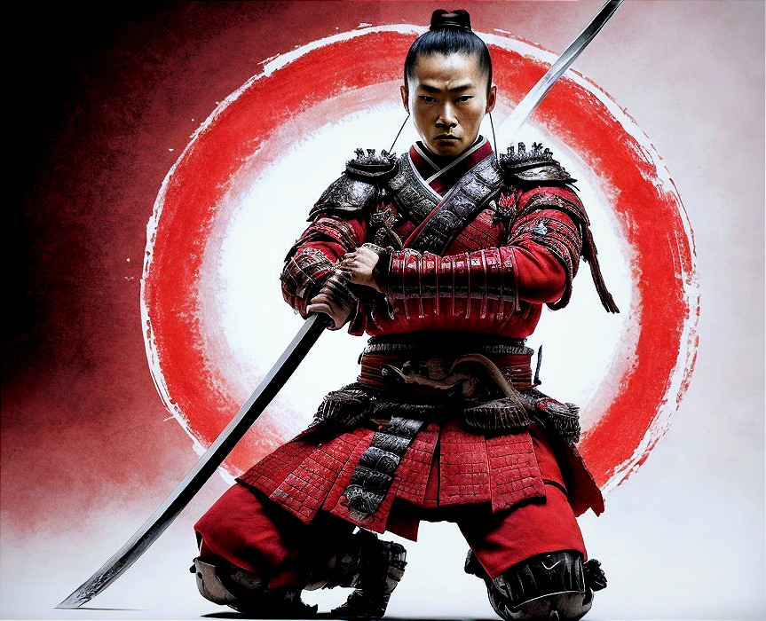 Fierce Warrior in Red and Black Armor with Katana