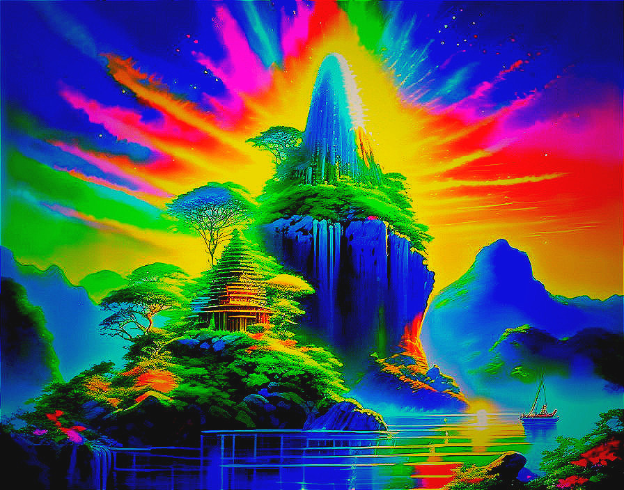 Vibrant Fantasy Landscape with Mountain and Serene Lake