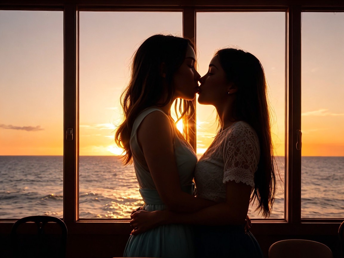 Silhouette of Two Women Kissing at Sunset by Ocean