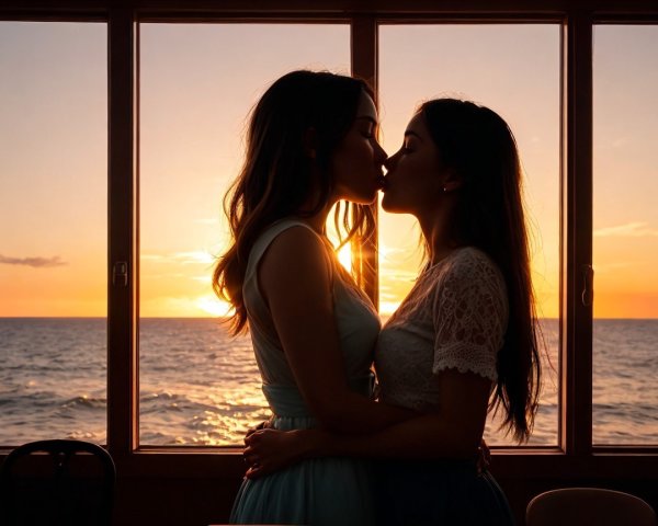Silhouette of Two Women Kissing at Sunset by Ocean