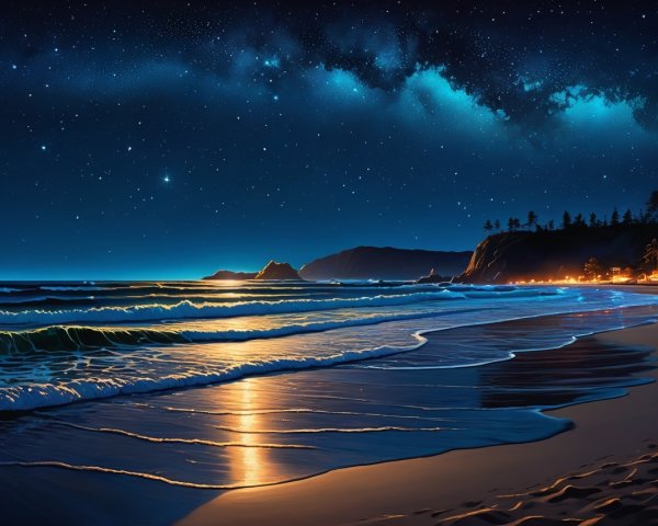 Serene Night Beach Scene with Starry Sky and Waves