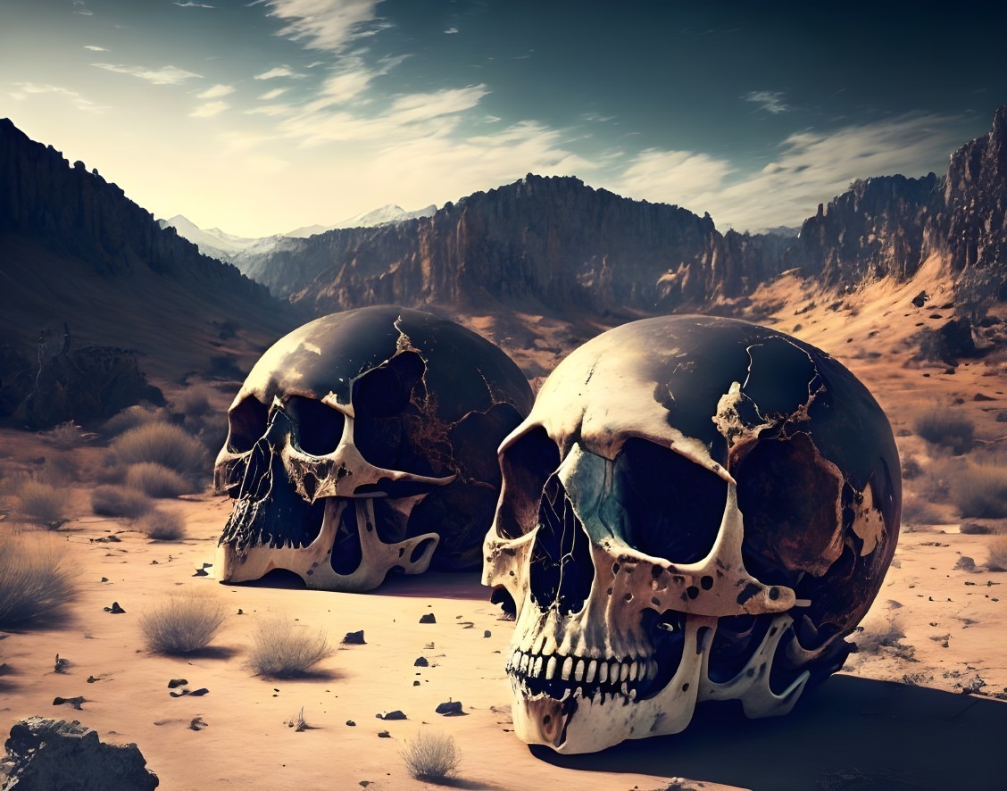 Desert Landscape Featuring Two Large Intricate Skulls