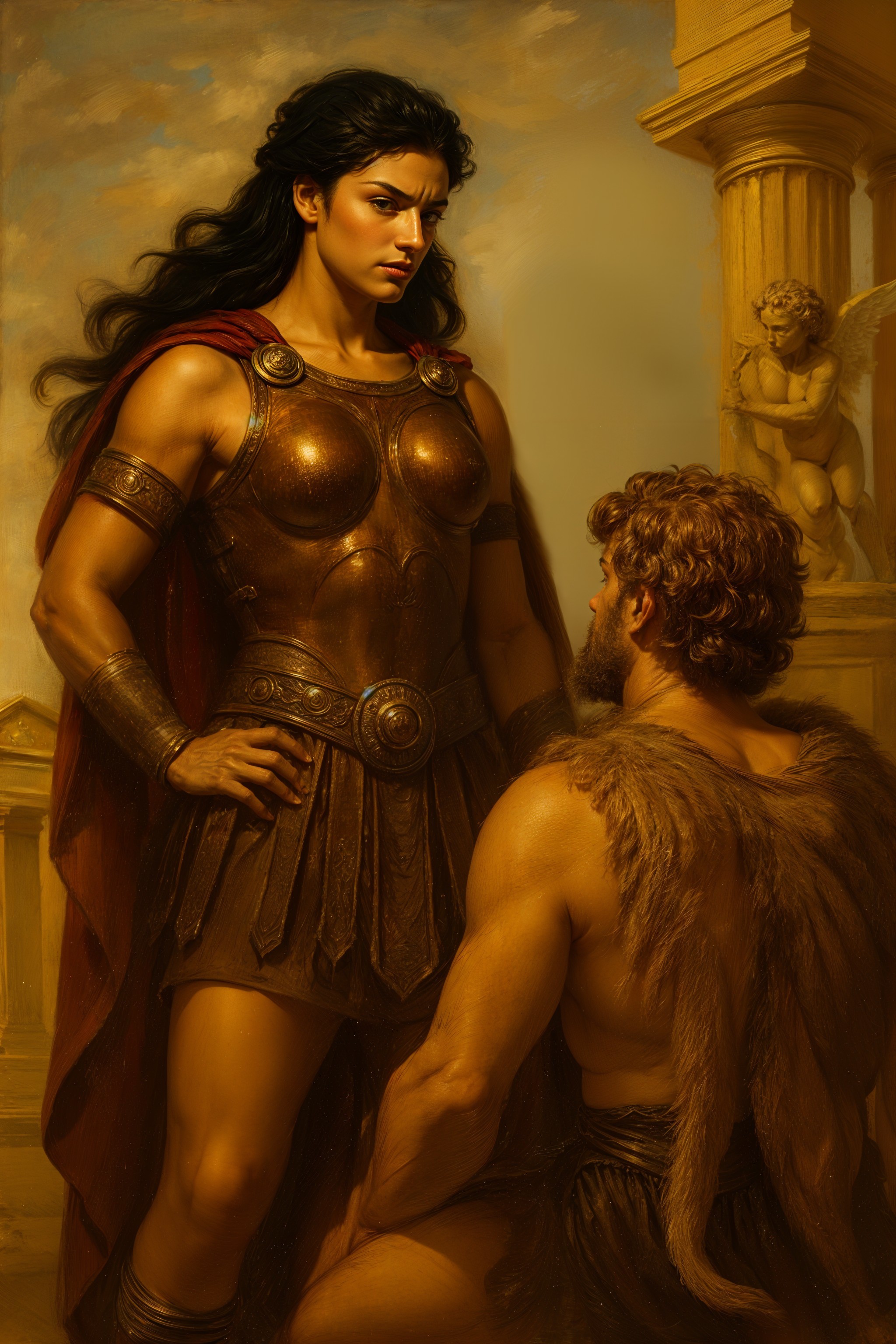 Female Warrior in Classical Armor with Kneeling Admiration
