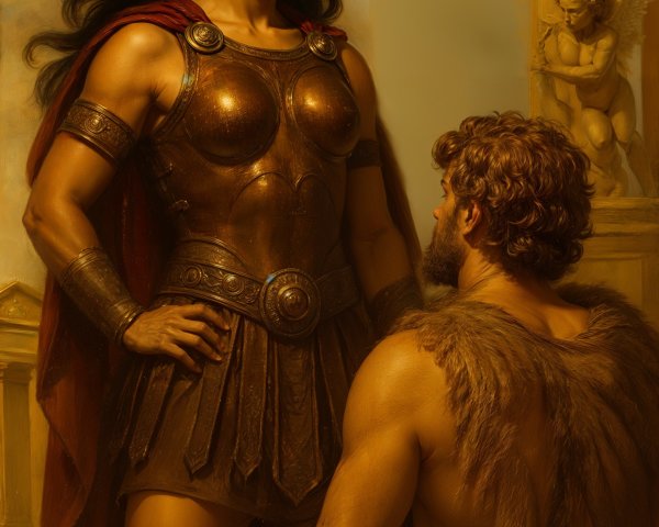 Female Warrior in Classical Armor with Kneeling Admiration